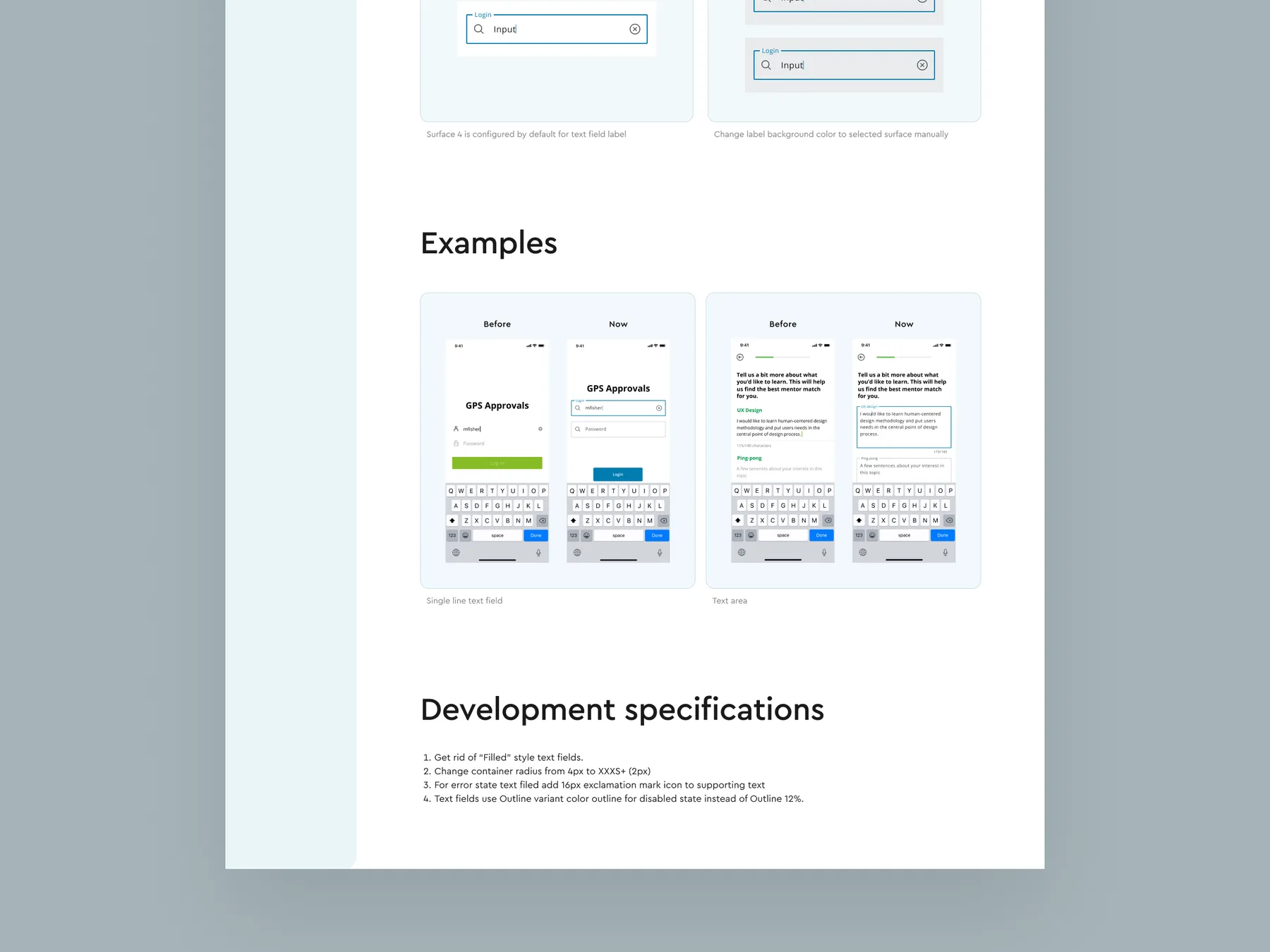 Flutter design system examples and development specifications.