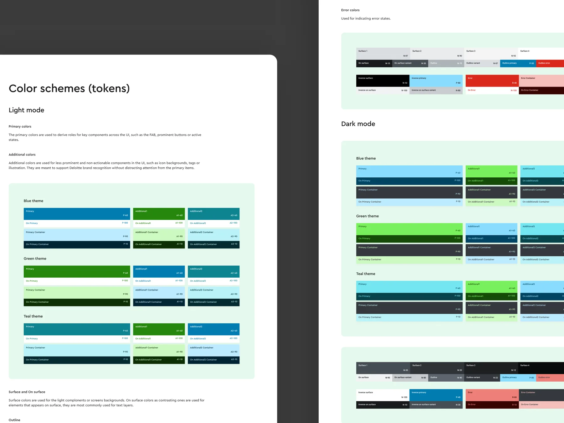 Flutter design system semantic color token documentation.