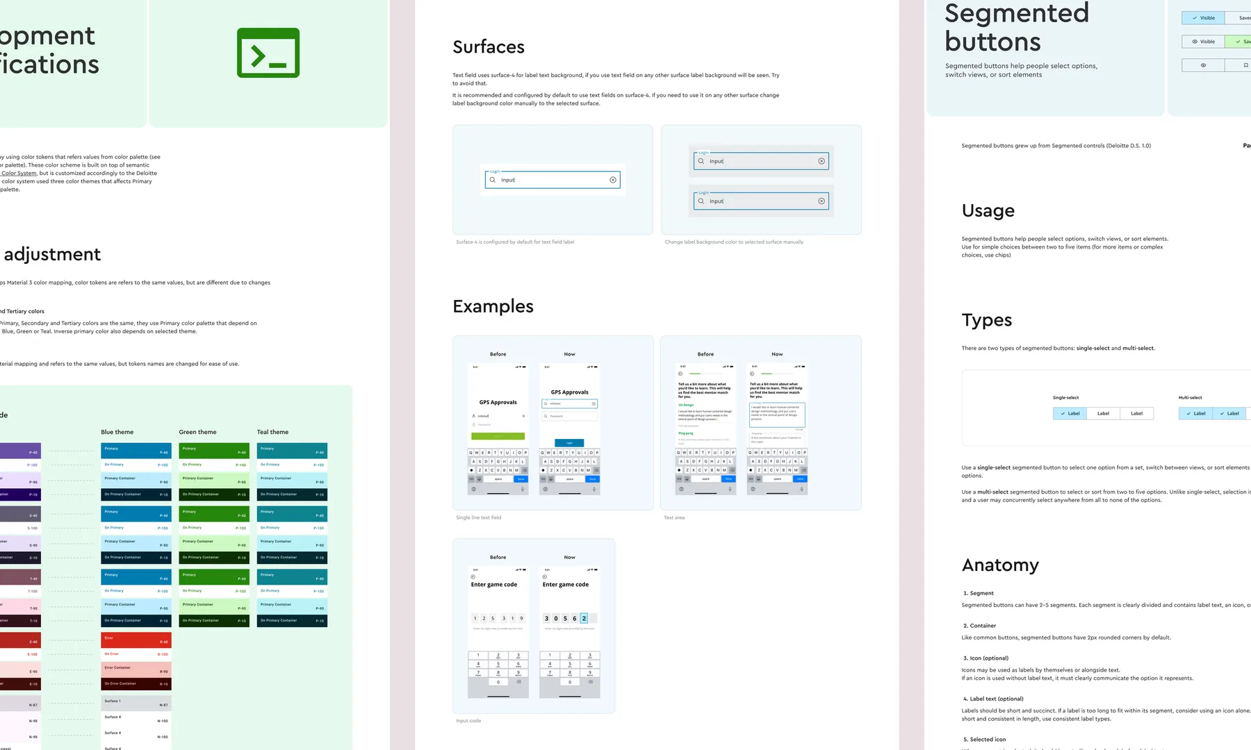 Flutter design system components, theme variants and input patterns.