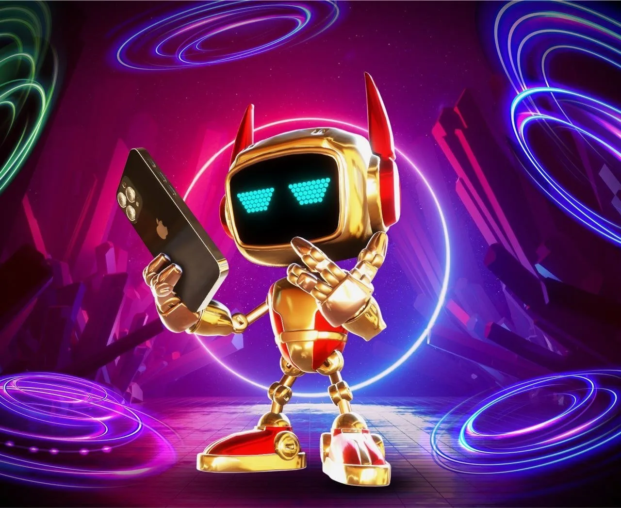 Web3 mascot concept with a gold character in a neon environment.