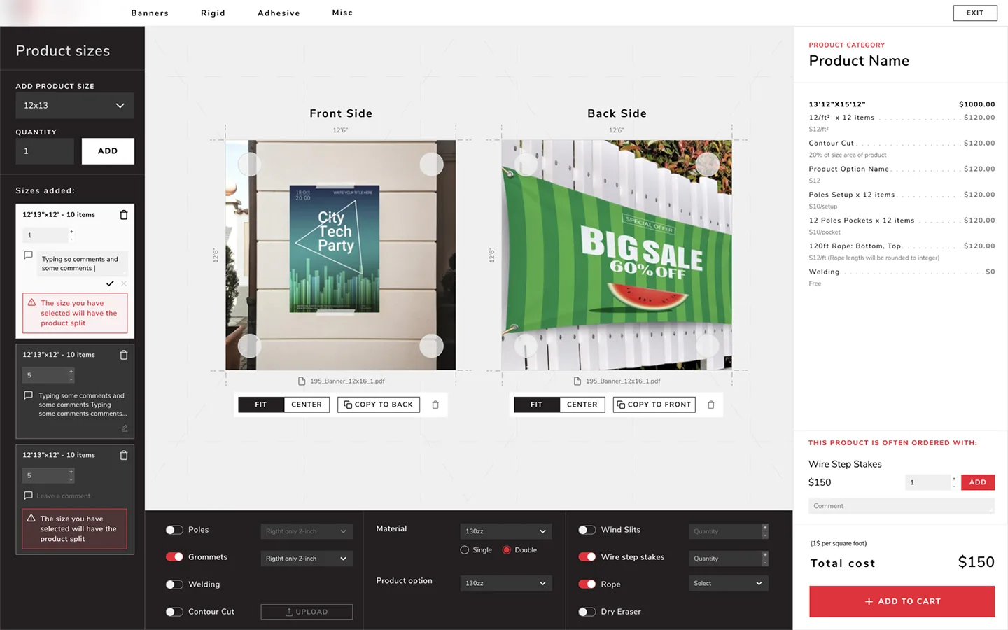 Custom printing configuration, product options and order interface layouts.