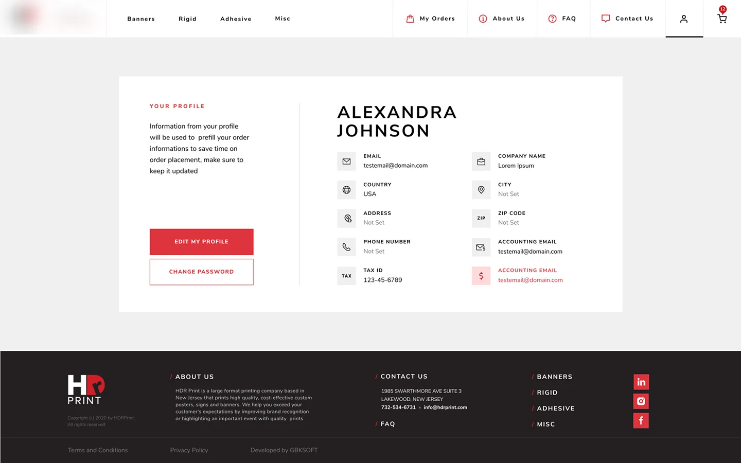 Wholesale printing customer profile and website layout.