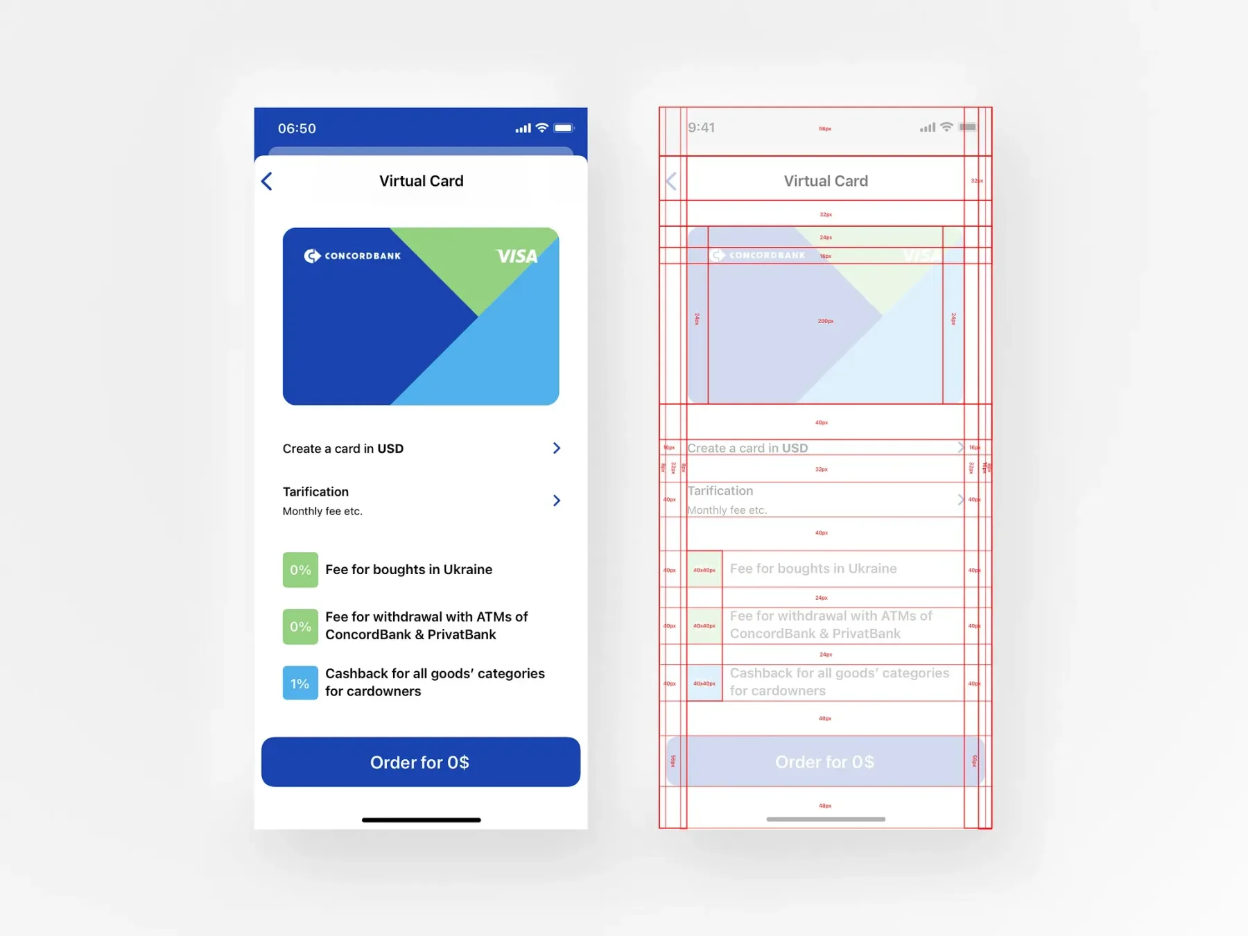 Mobile finance onboarding screen with layout and spacing specifications.
