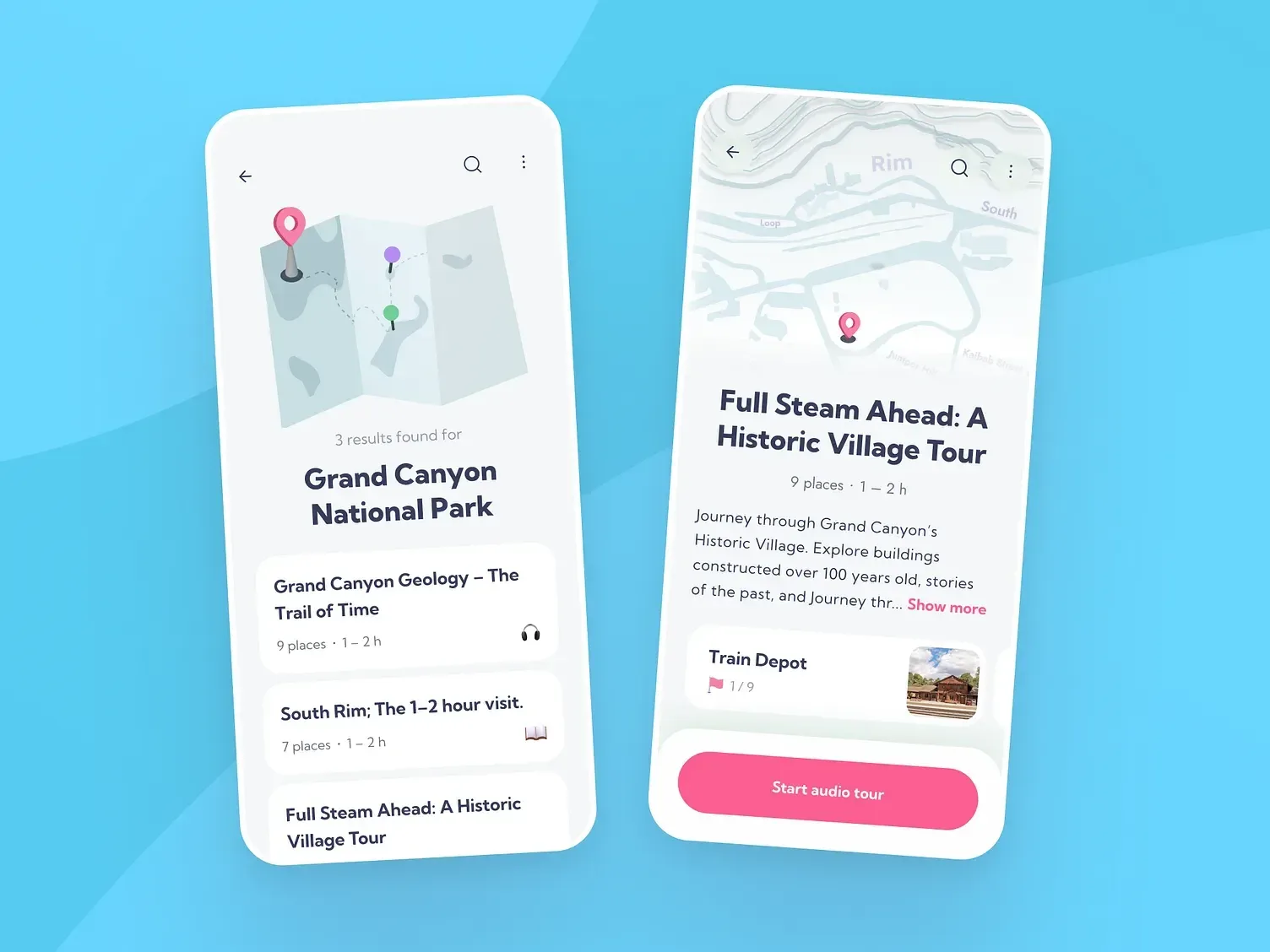 Mobile travel discovery cards and location details.