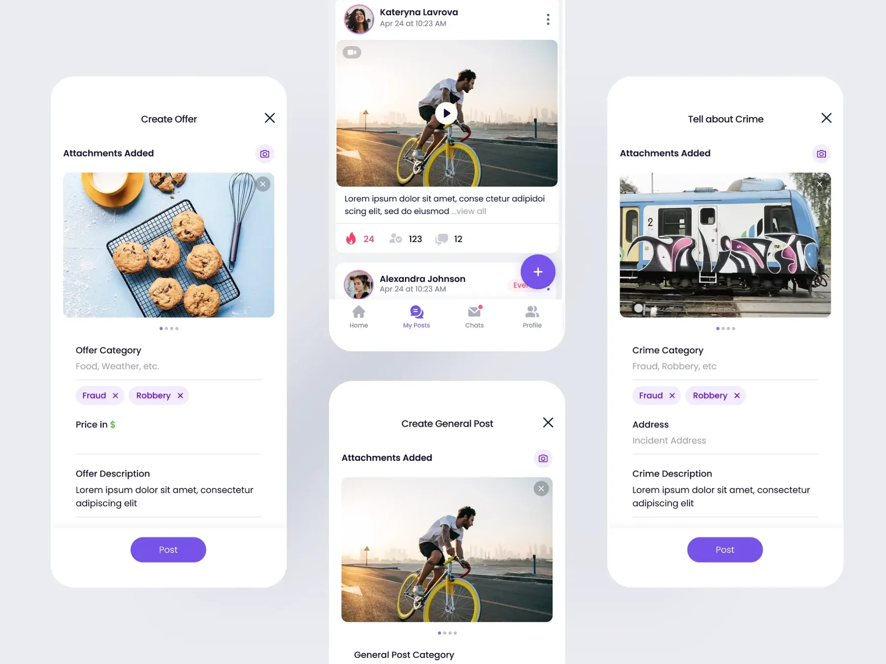 Local community feeds, posts and business offer screens.
