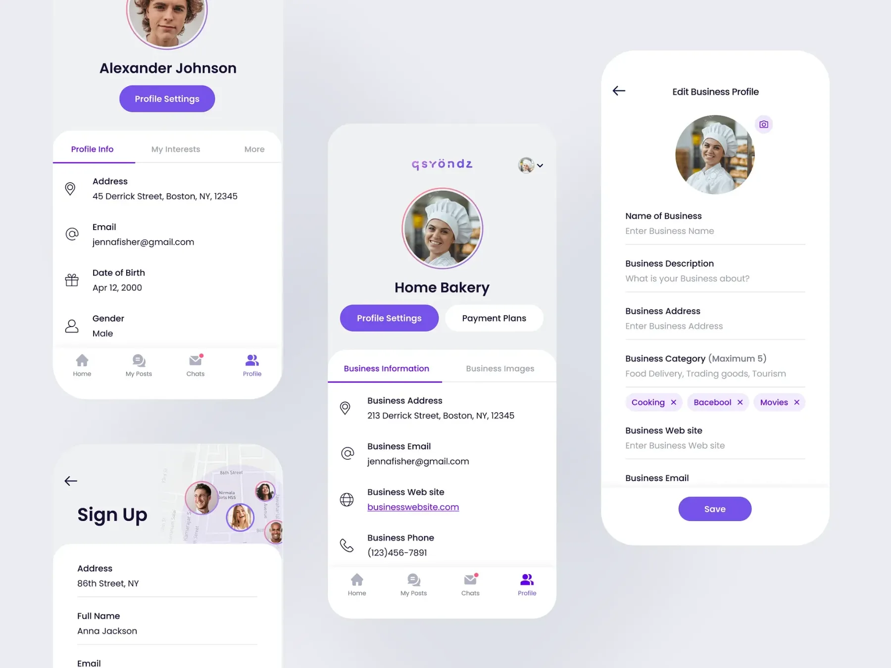 Community member and business profiles with onboarding screens.