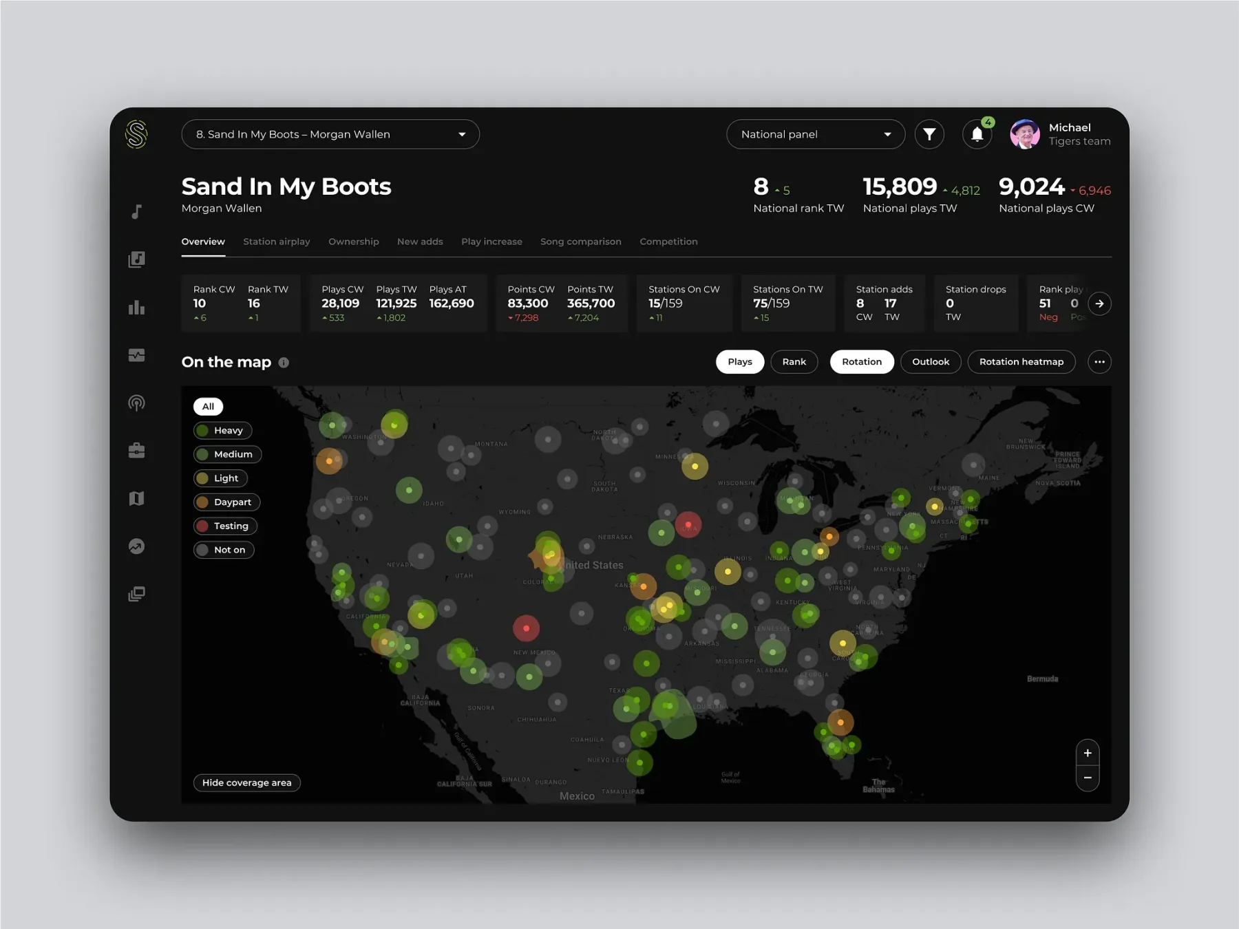 Music analytics dashboard with geographic performance data.