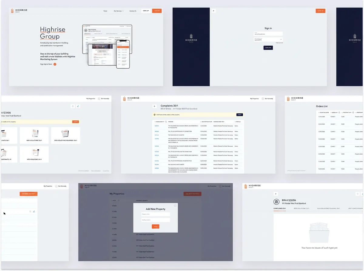 Property portfolio, compliance table and notification interface layouts.