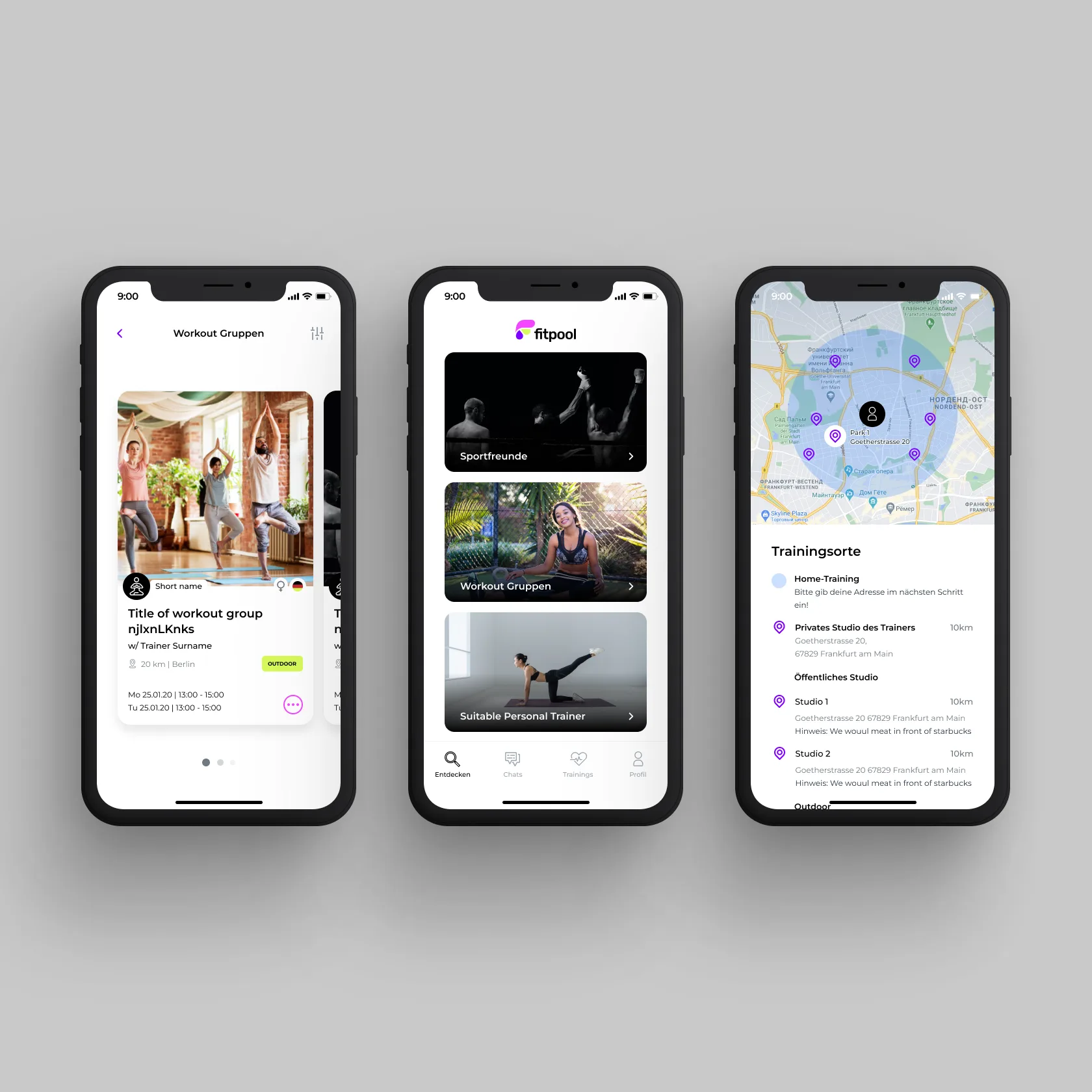 Three screens showing workout groups and a map of nearby activities.