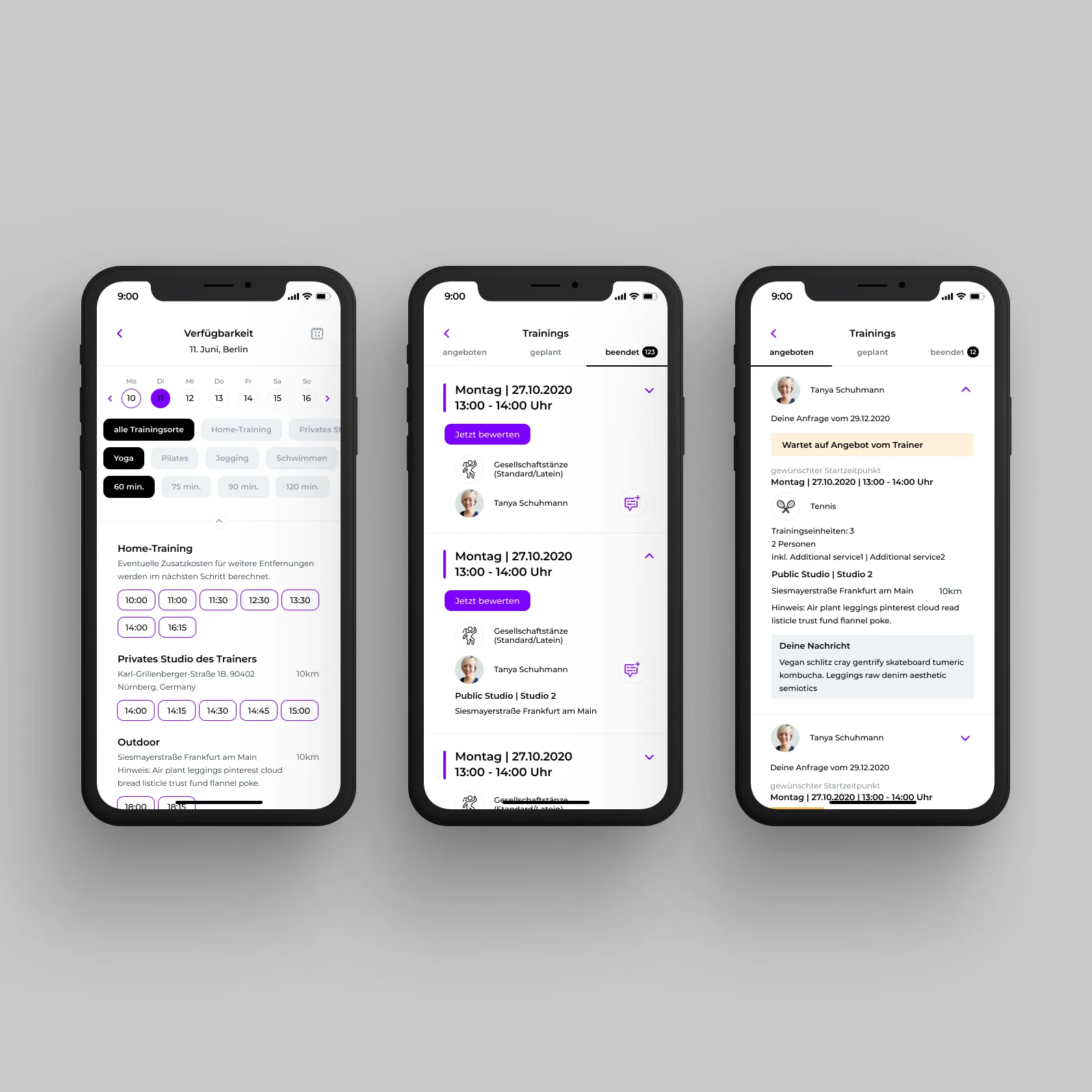 Training schedules and booking options in the app.