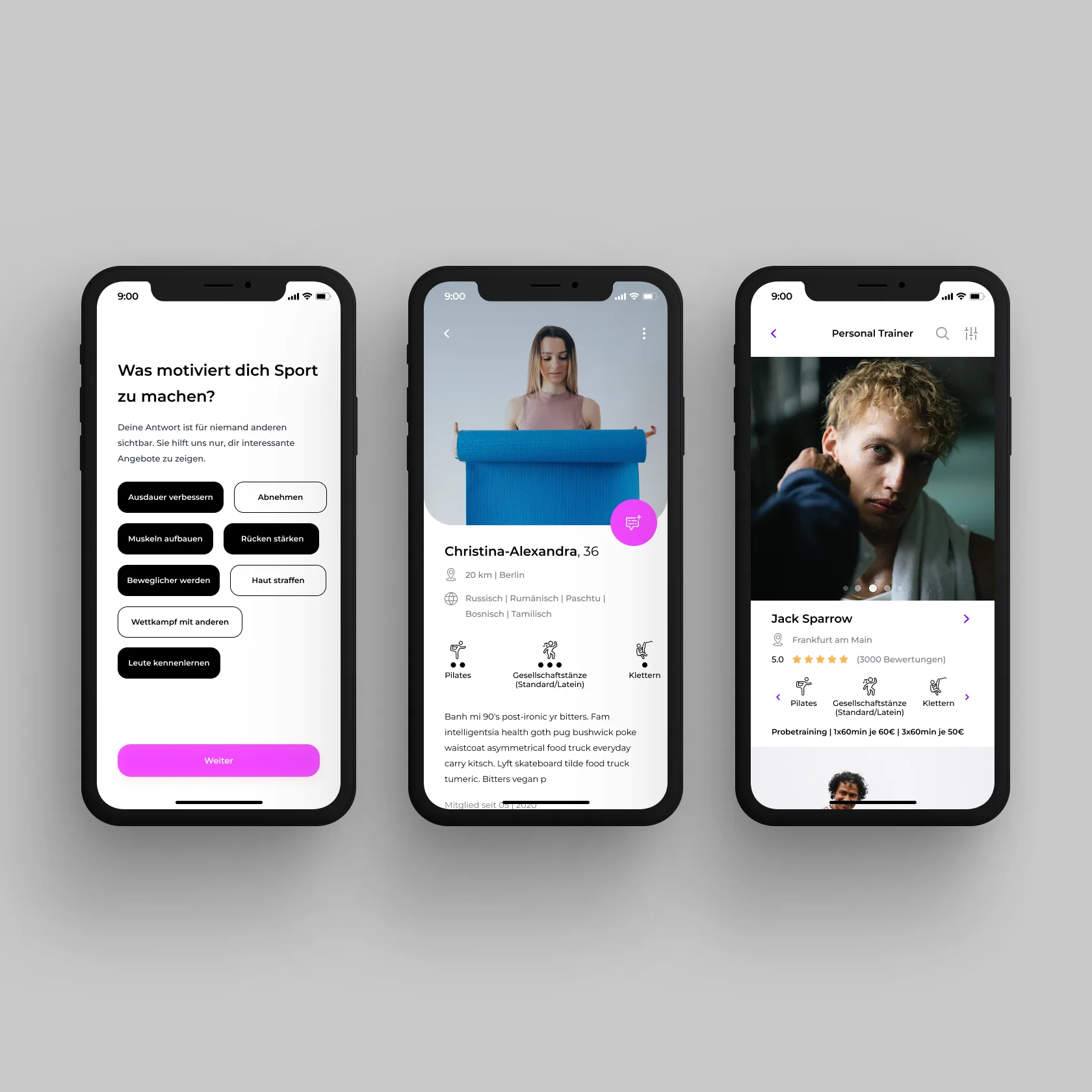 Social profile screens of the fitness app.