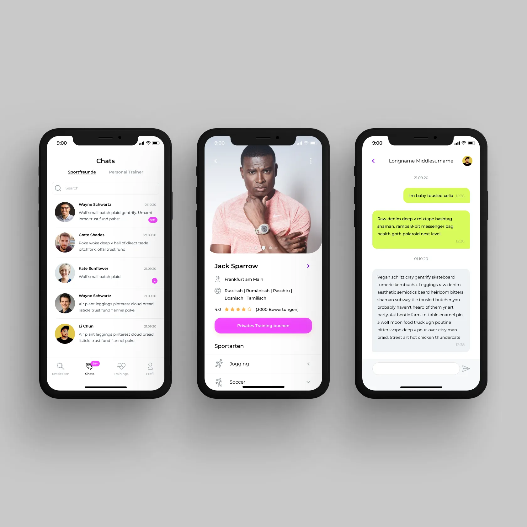 Messaging screen with a trainer and training category screens.