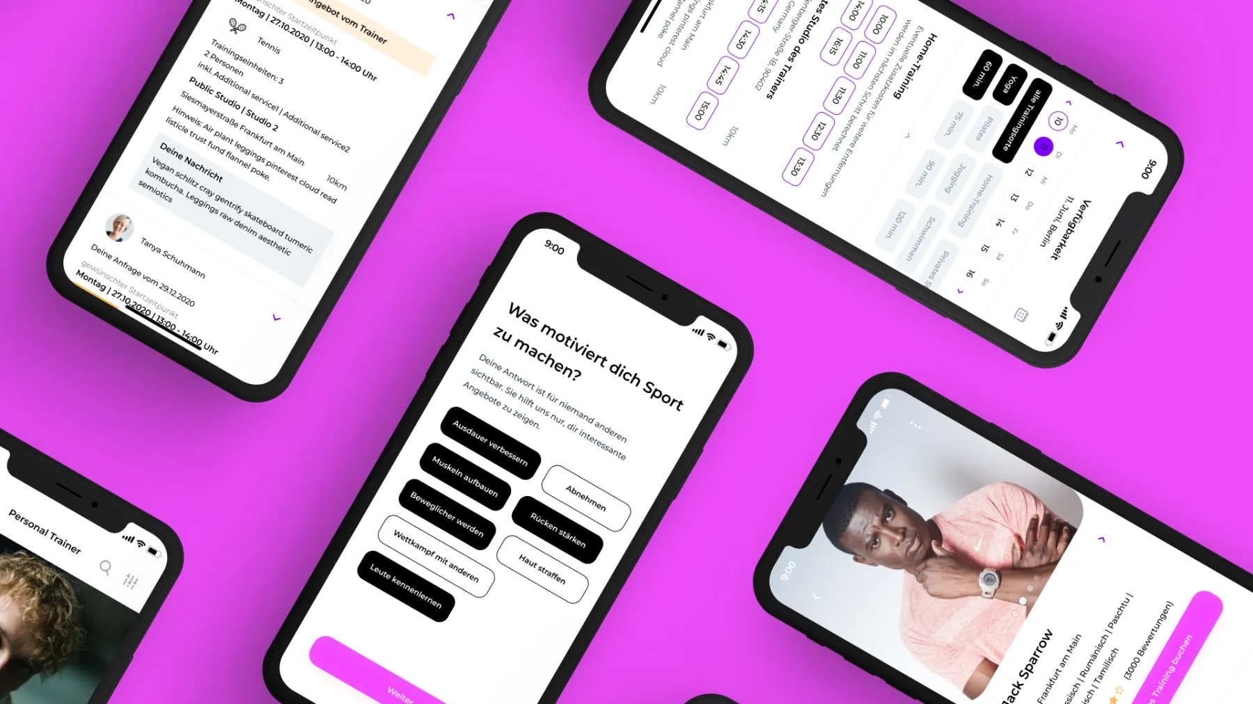Five smartphones showing the fitness app interfaces.
