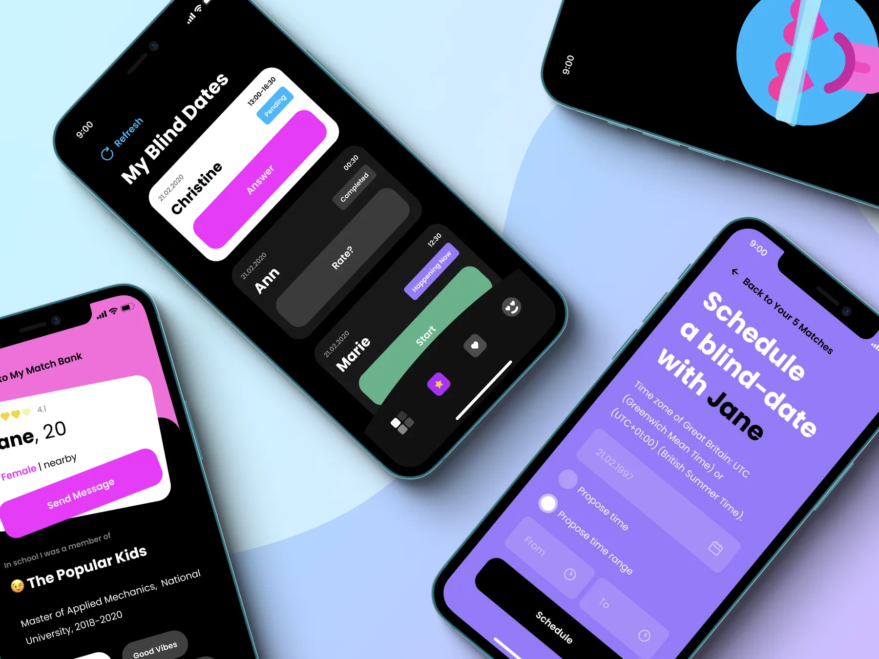 Dating app mobile interfaces for matching, timed conversations and notifications.