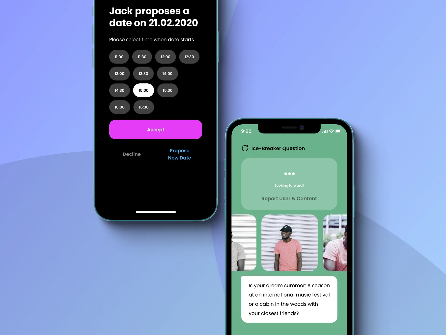 Dating invitation and mutual connection screens.